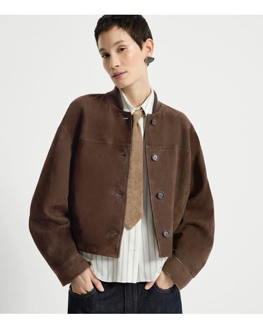 Brunello Cucinelli Brown Suede Monili Bomber Jacket