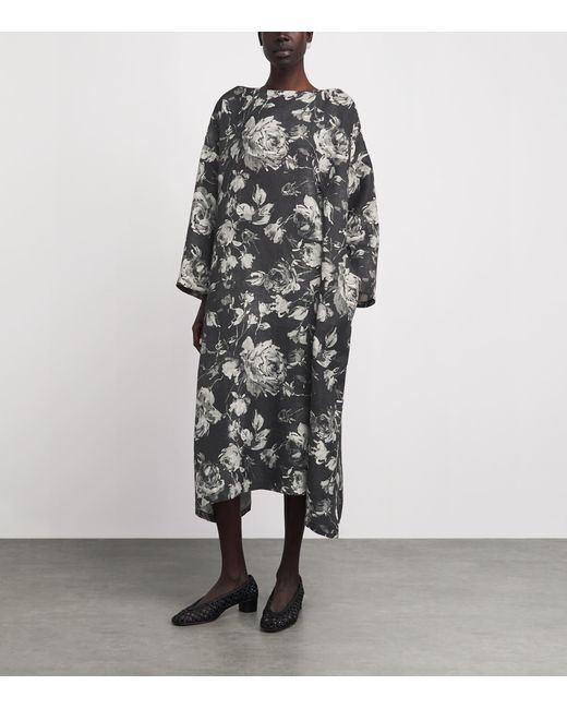 Eskandar Gray Linen Floral Scoop-Neck Midi Dress