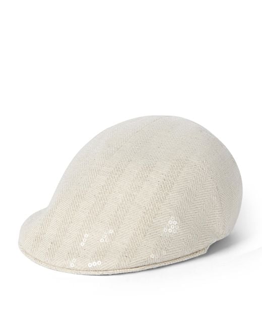 Brunello Cucinelli Natural Wool-Cashmere Embellished Flat Cap