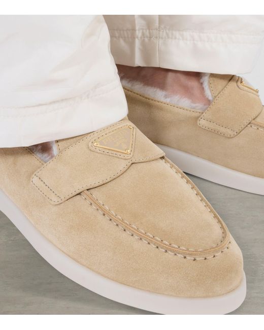 Prada Natural Suede-Shearling Triangle Loafers