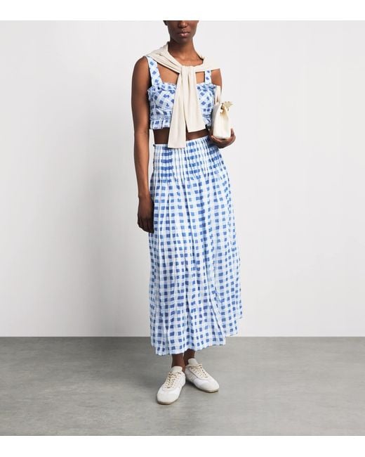 Sandro Blue Linen-Blend Gingham Maxi Skirt