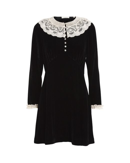 Doen Black Velvet Lace-Trim Lisbeth Mini Dress