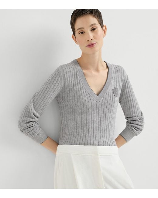 Brunello Cucinelli Gray Cotton Ribbed V-Neck Sweater