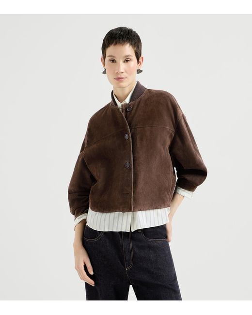 Brunello Cucinelli Brown Suede Monili Bomber Jacket