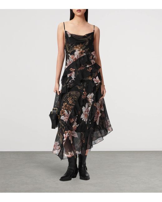 AllSaints Black Floral Ruth Midi Dress