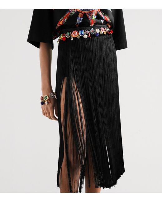 Dolce & Gabbana Black Satin Fringe Midi Skirt