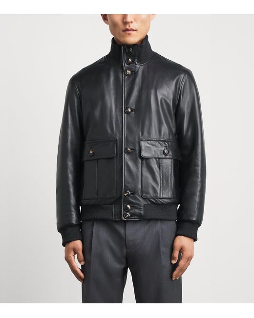 Pal Zileri Black Lambskin Button-Up Bomber Jacket for men