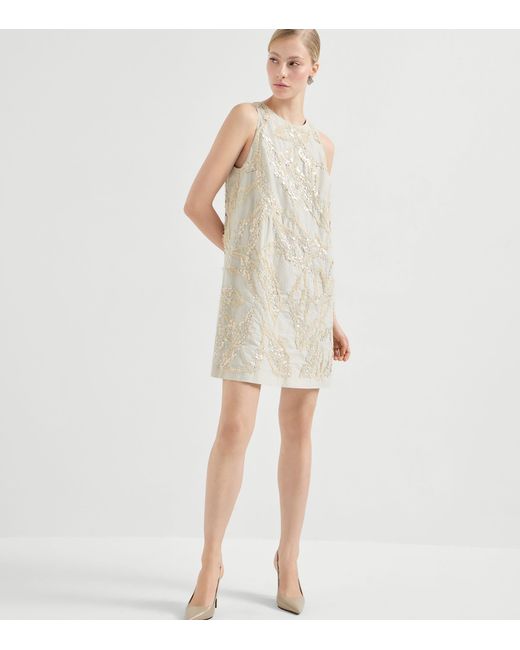 Brunello Cucinelli Natural Cotton-Blend Embroidered Mini Dress