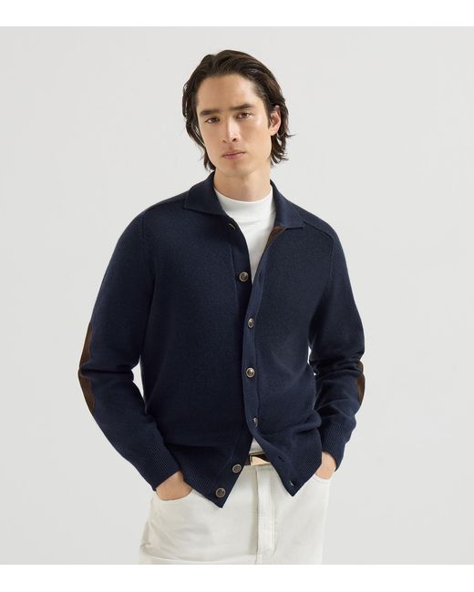 Brunello Cucinelli Blue Cashmere Suede-Trim Cardigan for men