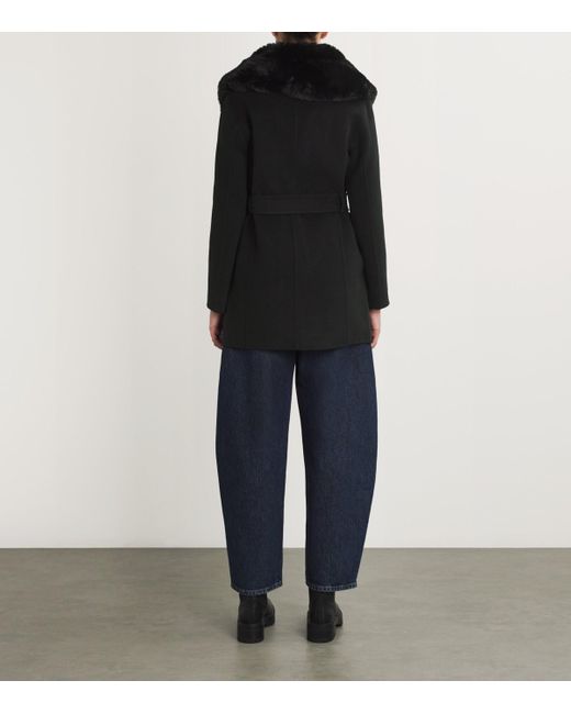 Maje Black Wool-Blend Faux Fur-Collar Coat