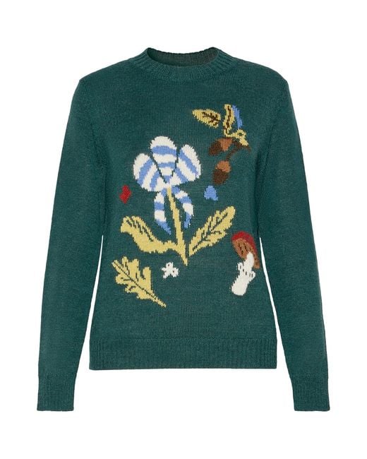 Weekend by Maxmara Green Alpaca-Wool-Blend Floral Sweater