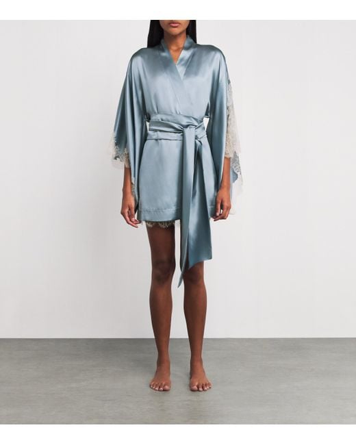 Carine Gilson Blue Silk Lace-Trim Short Kimono Robe
