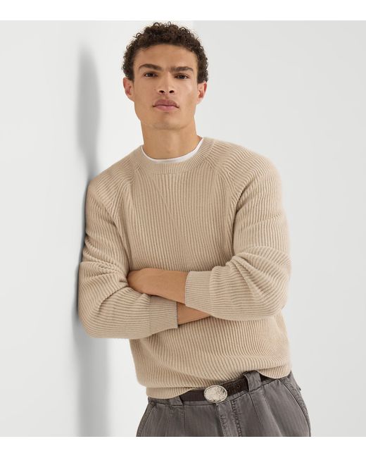 Brunello Cucinelli Natural Cashmere Ribbed Sweater for men