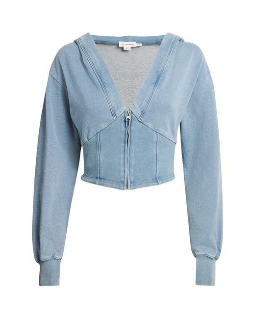 GOOD AMERICAN Blue Cotton Jeanius Zip-Up Cropped Hoodie