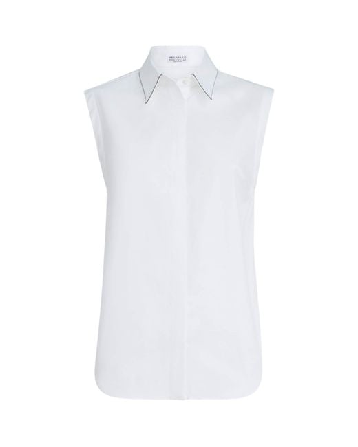 Brunello Cucinelli White Stretch-Cotton Poplin Sleeveless Shirt