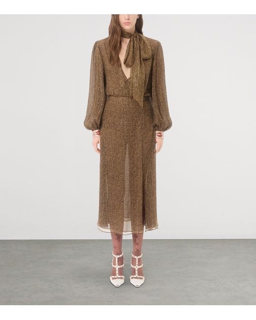 Valentino Brown Silk-Blend Embellished-Cuff Midi Dress