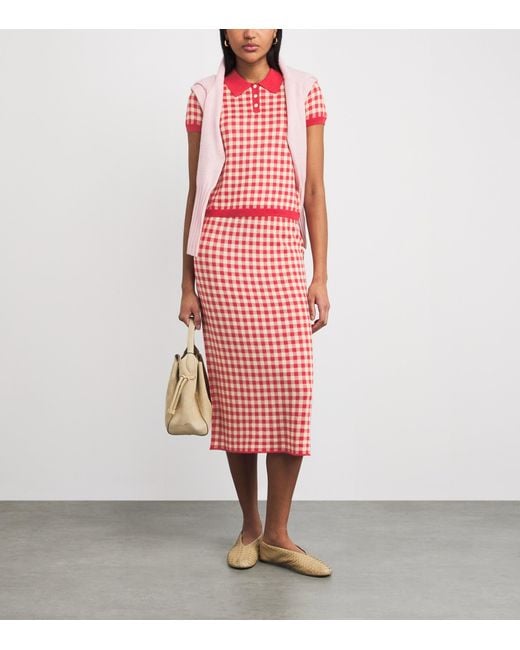 Guest In Residence Red Silk-Linen Gingham Midi Skirt