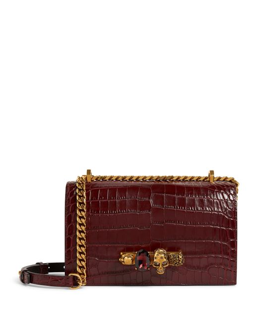 Alexander McQueen Red Medium Croc-Embossed Jewelled Satchel Bag