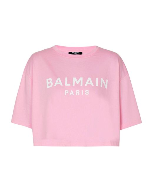 Balmain Pink Cropped Logo T-shirt