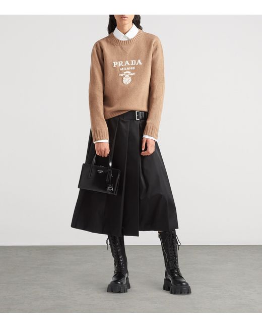 Prada Natural Cashmere And Wool Logo Crew-Neck Sweater
