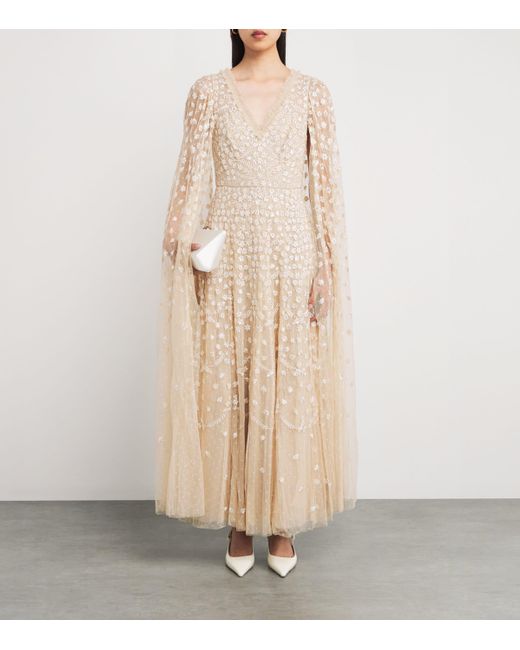 Needle & Thread Natural Cape-Detail Clover Maxi Dress