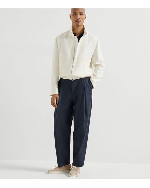 Brunello Cucinelli White Silk-Linen-Wool Bomber Jacket for men
