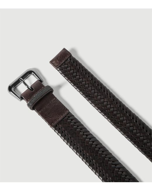 Brunello Cucinelli Black Leather Woven Belt for men