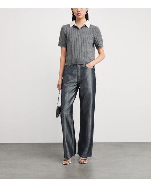 Maje Gray Wool-Blend Beaded-Collar Polo Sweater