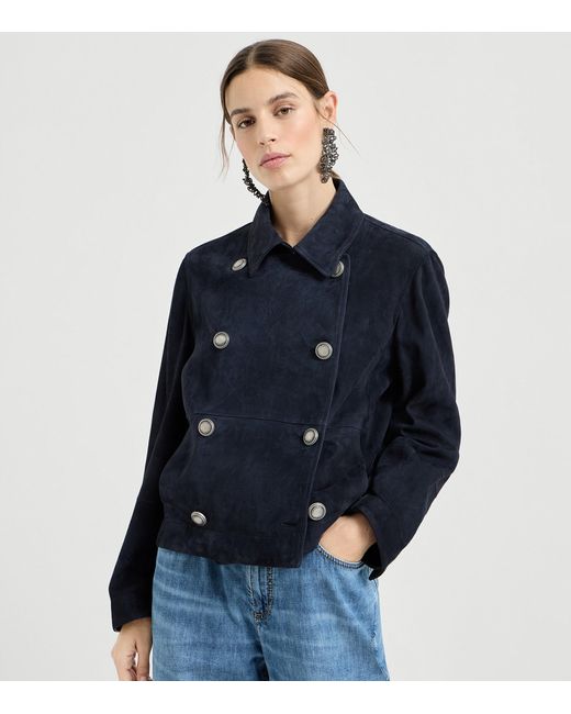 Brunello Cucinelli Blue Suede Double-Breasted Jacket
