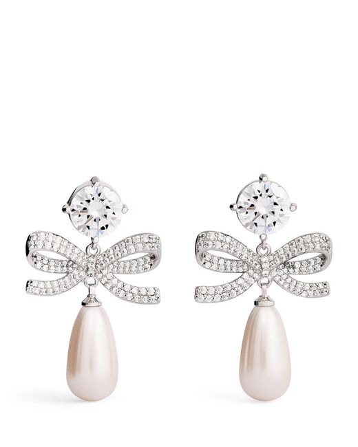 Self-Portrait Metallic Crystal-Faux Pearl Teardrop Earrings