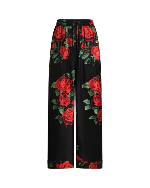 Dolce & Gabbana Red Silk Rose-Print Trousers