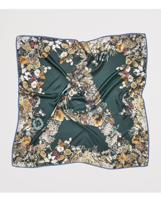 Aspinal Green Silk Floral Monogram Scarf