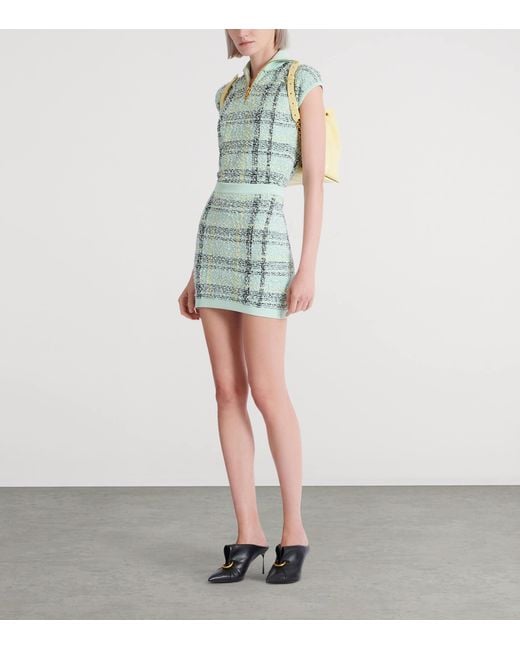 Balmain Blue Tweed Embellished Plaid Mini Skirt