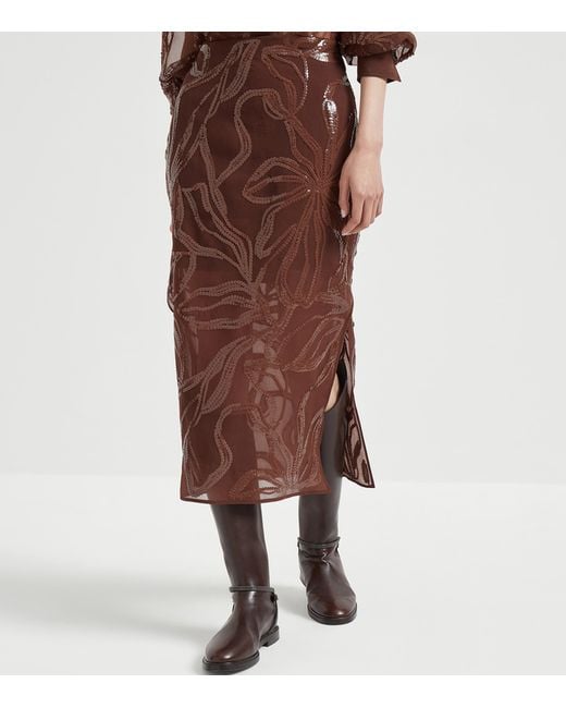 Brunello Cucinelli Brown Silk Embellished Midi Skirt