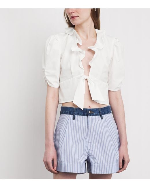Sandro White Cotton Ruffle Blouse