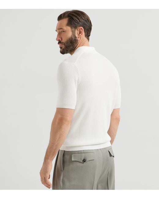 Brunello Cucinelli White Cotton Rib-Knit Polo Shirt for men