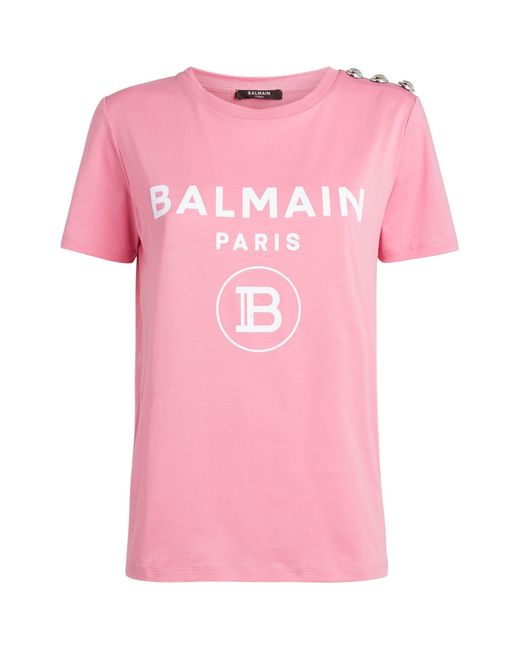 Balmain Pink Button-detail Logo T-shirt