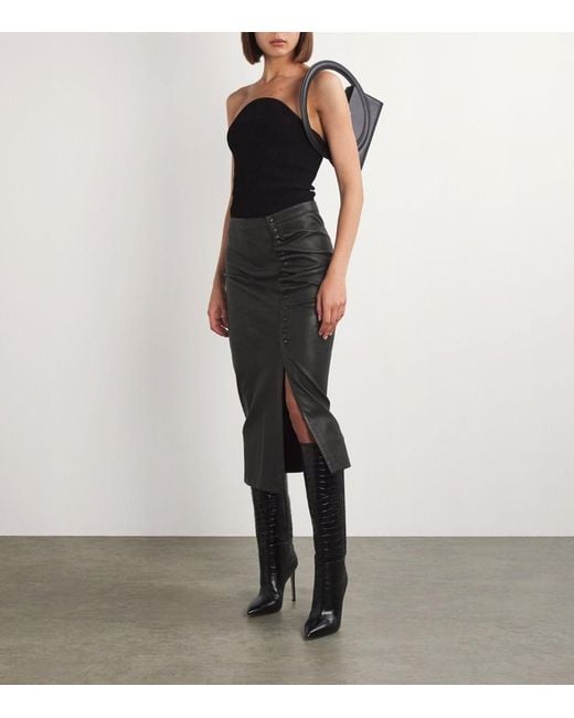 Rabanne Black Leather Ruched Midi Skirt