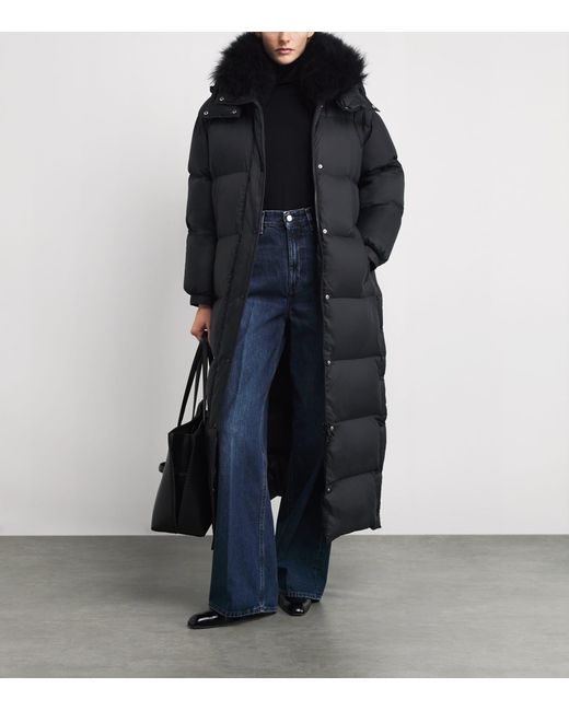 Yves Salomon Black Down Fur-Trim Extra-Long Puffer Jacket
