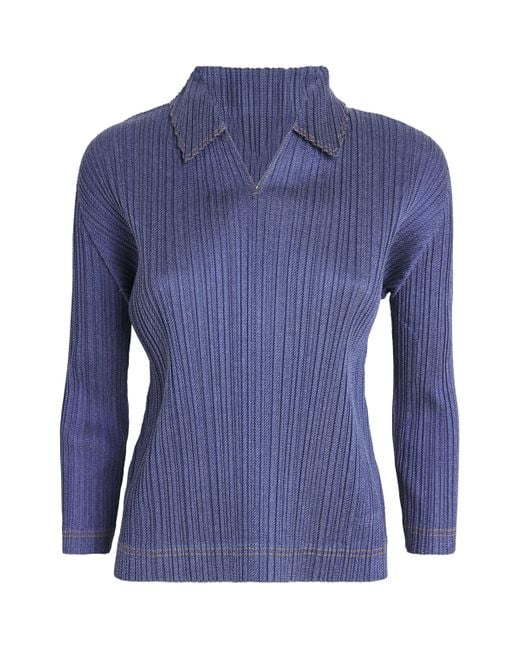 Pleats Please Issey Miyake Blue Pleated Cotton Denim Shirt