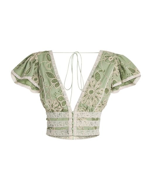 Alice + Olivia Green Embroidered Keeley Blouse