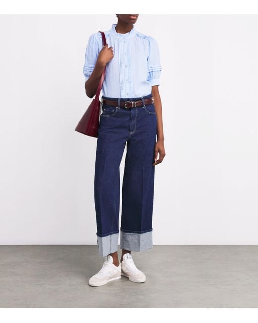 ME+EM Blue Cotton Frill-Trim Blouse