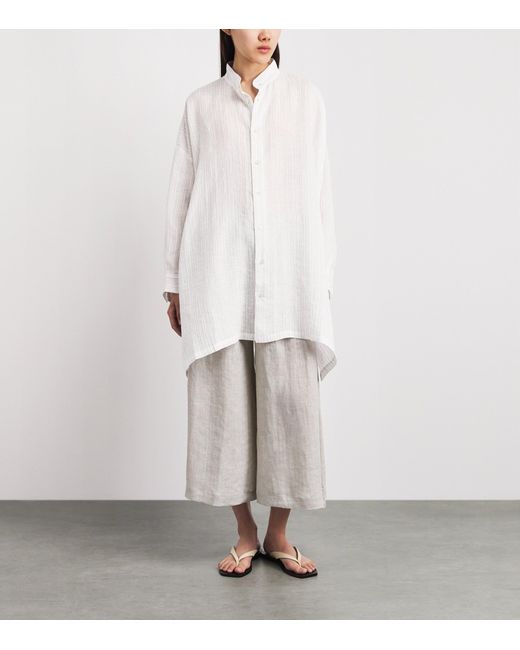 Eskandar White Linen-Blend Collarless Stripe Shirt