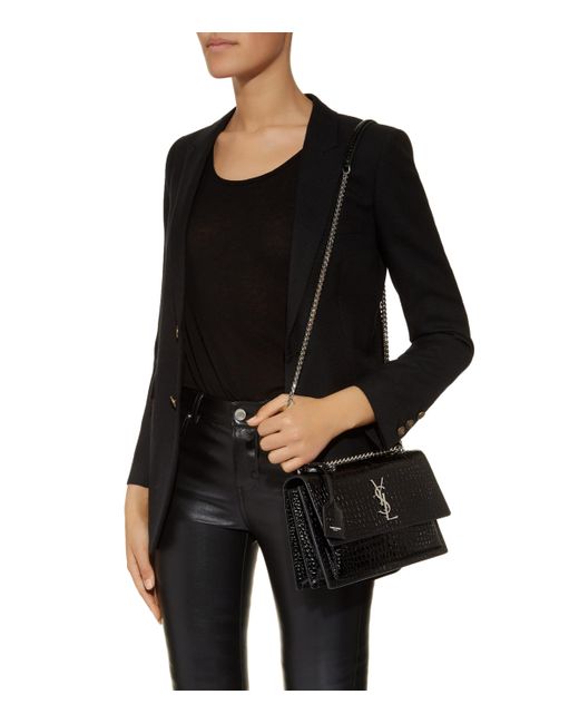 Saint Laurent Black Medium Sunset Croc-Embossed Shoulder Bag