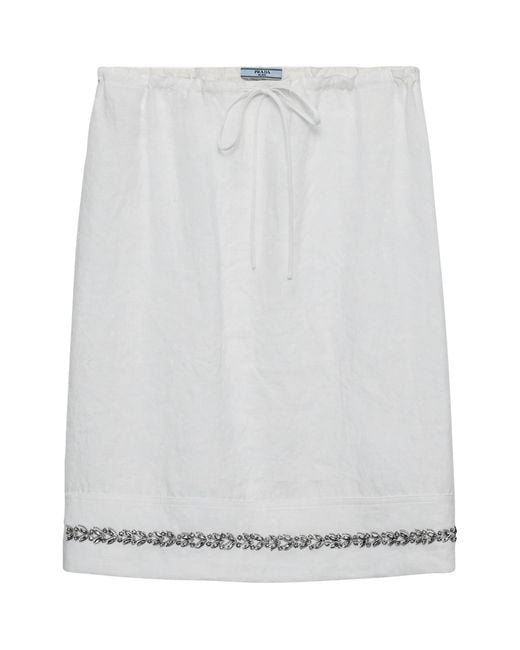 Prada White Linen Embellished Midi Skirt