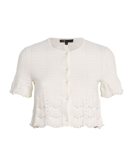 Maje White Pointelle Beaded Cropped Cardigan