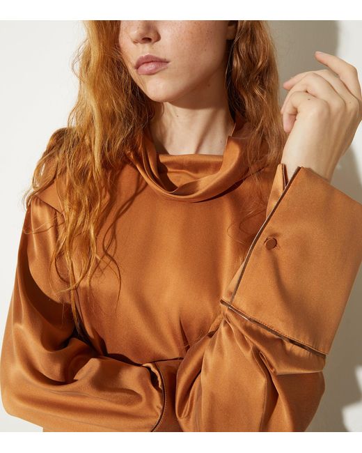 MAX&Co. Brown Stretch-Silk Cowl-Neck Blouse
