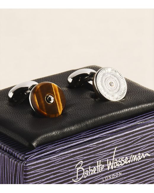 Babette Wasserman Natural Rhodium-Plated Tiger's Eye Tourbillon Cufflinks for men