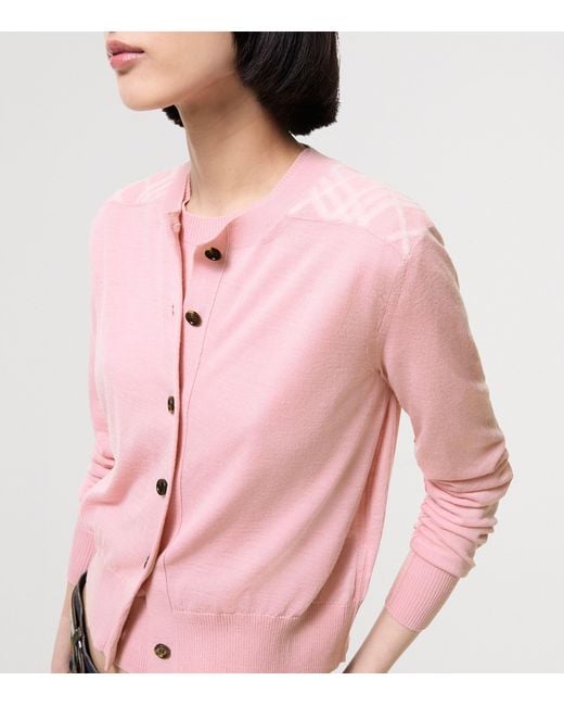 Burberry Pink Wool-Silk Check Panel Cardigan