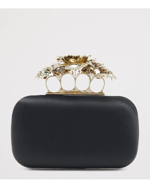 Alexander McQueen Black Silk Carnation Knuckle Clutch Bag